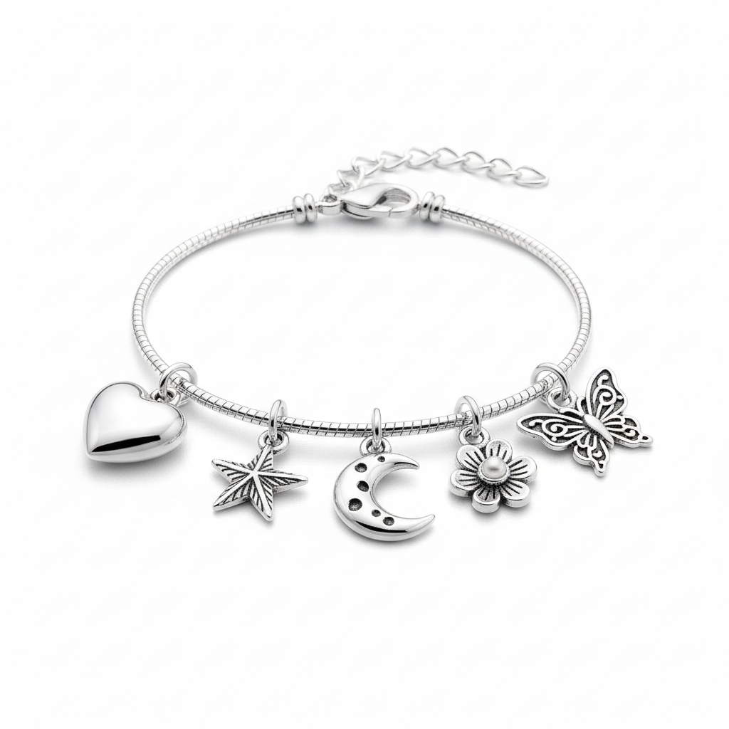 Charm Bracelet with 5 Interchangeable Charms – Silver