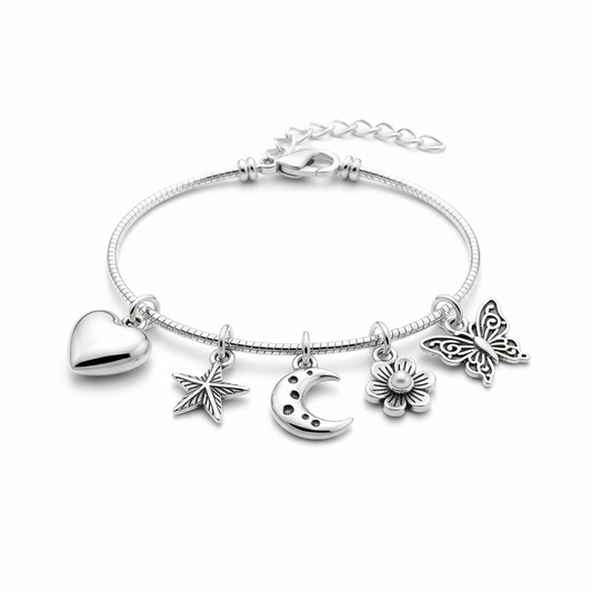Charm Bracelet with 5 Interchangeable Charms – Silver